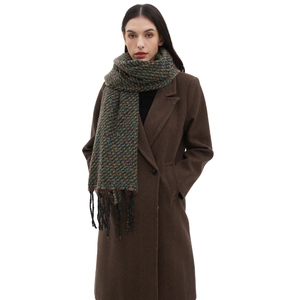 Multicolor knit scarf with tassels and fringe paired with a brown wool coat on white background