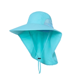 Women's UV protection sun hat with wide brim, neck flap and breathable mesh in sky blue