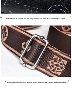Detail of black lychee grain PU leather bag with adjustable jacquard woven shoulder strap