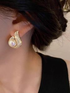 Elegant French style pearl drop earrings with sparkling micro-pave crystals on gold plating