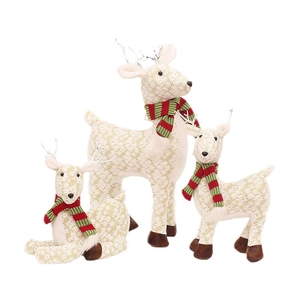 Three-piece Christmas reindeer decor set with snowflake fabric and striped scarves on white background