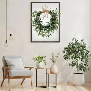 Modern olive leaf green wreath with beige ribbon bow for minimalist home wall decor