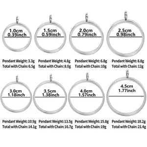 Size chart for stainless steel locket pendant necklace showing 8 diameter specifications