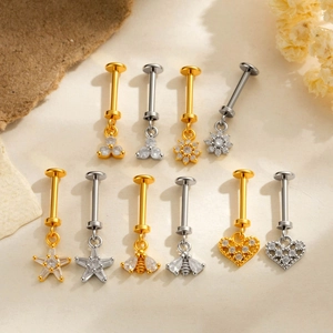 Intern schroefdraad 1.2x8mm roestvrijstalen labret studs met glinsterende zirkonia bedels
