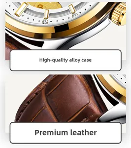 Detailed close-up of two-tone alloy watch case and premium brown crocodile leather strap
