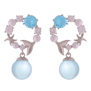 Elegant mermaid tail earrings with blue zircon and pearls in silver finish