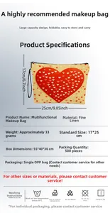 Linen makeup bag with red heart print, zipper closure and hand strap, size 17x25cm