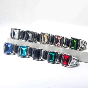 Stainless steel rings with emerald-cut crystals in ten assorted colors for men and women
