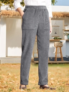 Detail view of grey corduroy casual pants with high elastic waist and large side pockets