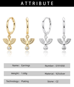 Detailed spec sheet for S925 sterling silver dove earrings with CZ stones