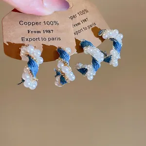C-Shape Denim Fabric Hoop Earrings With Faux Artificial Pearl And 925 Sterling Silver Earring Post Vintage French Style For Women
