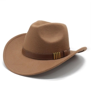 Chapeau Fedora Style Cowboy Occidental Large Bord Feutre De Laine Avec Ceinture En Cuir Et Boucle En Métal Homme Femme