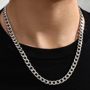 Stainless Steel Cuban Link Chain Necklace For Men Hip Hop Fashion Jewelry Polished Silver Color Classic Minimalist Style