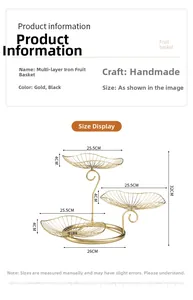 Detailed size specifications for a three-tier golden leaf-shaped iron fruit basket
