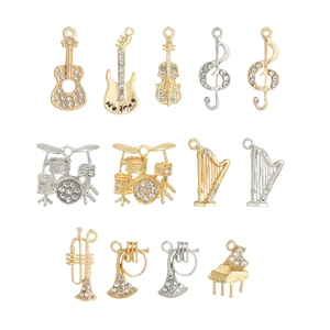 Set of 11 musical instrument charms with rhinestones including guitar and violin