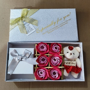 Preserved soap rose jewelry gift box with cute teddy bear and silver inner compartment