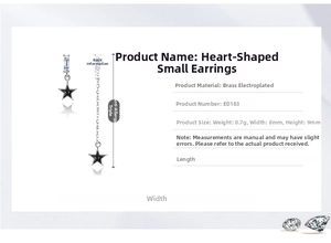 Detail of 18K gold plated asymmetric star earrings with dimensions and brass material info