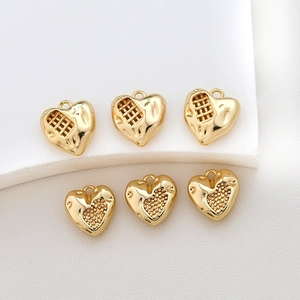 Polished gold-plated heart charms with grid and dot textures for DIY jewelry making