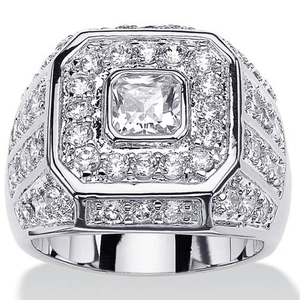 Men's hip hop silver-colored ring featuring a square center stone with micro-pave setting