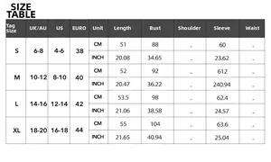 Detailed size guide table for women's off-shoulder long sleeve sweater in CM and inches
