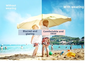 Polarized lens effect comparison showing glare reduction and clear beach vision for kids