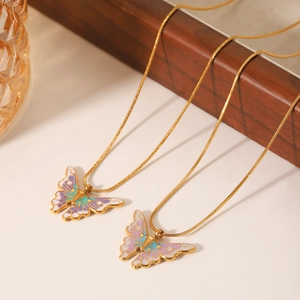 Butterfly Pendant Necklace Stainless Steel Enamel Retro French Style Luxury Elegant Jewelry For Women Snake Bone Chain