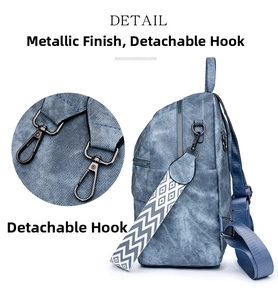 Dettaglio dei ganci in metallo grigio opaco sullo zaino in denim con tracolla tessuta