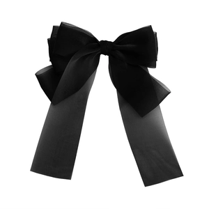 Elegant large black organza bow hair clip with long ribbons for back hair styling