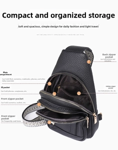 Internal compartments of black textured leather chest bag with geometric shoulder strap