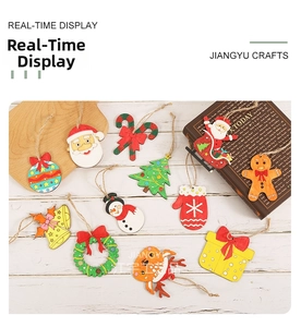 Detailed view of 11-piece painted wooden Christmas ornaments with rustic hanging twine