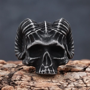 Vintage ram skull rings for men with gothic goat head design and aged steel finish
