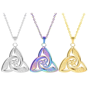 Three Triskele Celtic knot necklaces in gold, silver and rainbow finishes on O-chains