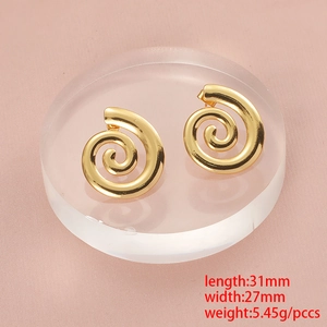 Detail view of gold spiral earrings with precise dimensions 31mm length and 27mm width