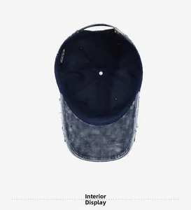 Interior view of navy blue cotton baseball cap showing reinforced seams and inner lining