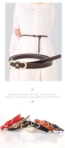 Detail of slim PU leather belts for women with golden figure-eight buckle in various colors