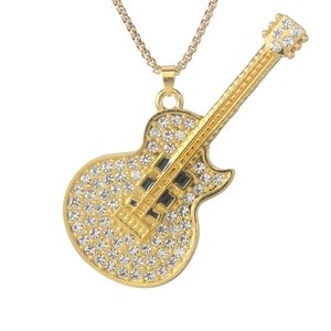 Minimalist gold guitar pendant necklace with sparkling crystal rhinestones for music lovers