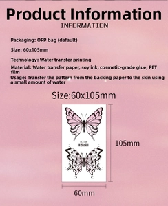 Waterproof butterfly tattoo sticker showing 60x105mm dimensions and material specifications