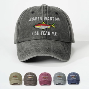 Washed Cotton Baseball Cap Women Want Me Fish Fear Me Embroidery Vintage Distressed Outdoor Fishing Hat Unisex