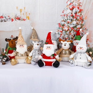 Silver series sitting Santa, Snowman, and Reindeer plush figures for Christmas decor