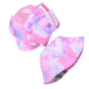 Detailed set of pink tie-dye trucker cap, sun visor, and reversible bucket hat for summer