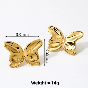 Polished gold butterfly earrings dimensions showing 33mm by 22mm and 14g weight