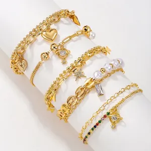 Layered Bracelets Copper Zircon Heart Saturn Star Imitation Artificial Pearl Charms Adjustable Fashion Jewelry For Women