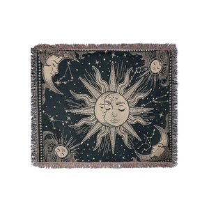 Bohemian sun moon star woven cotton camping blanket with colorful tassel fringe