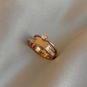 Double Layer Ring Stainless Steel Round Zircon Love Forever Engraved Fashion Jewelry For Women Rose Gold
