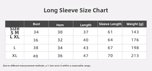 Detailed size chart for seamless long sleeve yoga top with bust and sleeve measurements
