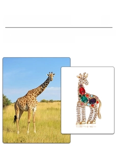 Detailed close-up of a colorful giraffe brooch with sparkling rhinestones and large gems