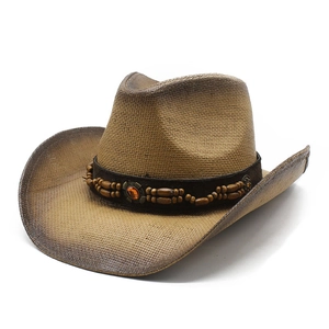 Vintage western cowboy straw hat with brown gradient finish and beaded decorative band