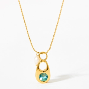 Collier chaîne corde en acier doré avec pendentif gemme bleue et perle naturelle