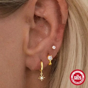 Gold S925 sterling silver ear jewelry set featuring star pendant and zircon stud earrings