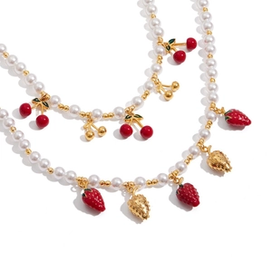 Stainless Steel Necklace 18K Gold Plated Imitation Artificial Pearl Red Cherry Fruit Pendant Sweet Romantic Jewelry For Women